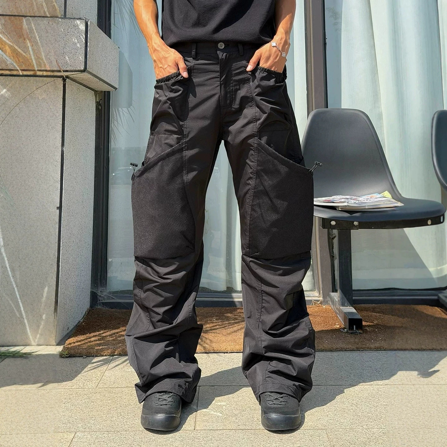 机能风黑色立体大口袋工装裤男款潮流痞帅宽松直筒速干休闲弯刀裤