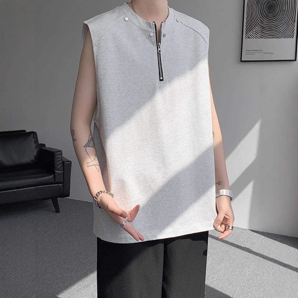 半拉链铆钉无袖恤男夏季潮牌美式高街衣服宽松重磅运动坎肩背心