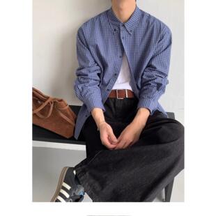 工厂早秋设计感廓形翻领格子衬衫男慵懒休闲复古长袖衬衣小众潮
