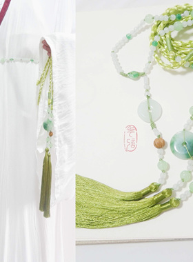 轩墨澜杉 花记 原创宫绦绿色飘花青玉平安扣腰带编制珠串定制腰坠