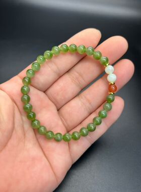 天然和田玉手串碧玉卡6mm小手链冰底阳绿单圈圆珠男女款情侣手饰
