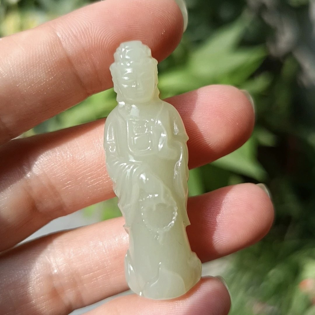 天然和田玉观音吊坠男款站莲观音玉挂件玉坠玉佩项链细腻油润干净