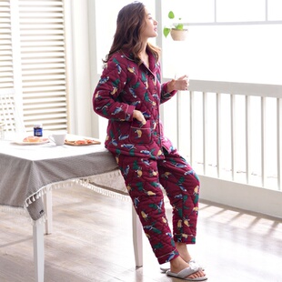 芬腾可安女士睡衣冬季加厚保暖开衫中老年长袖纯棉夹棉家居服套装