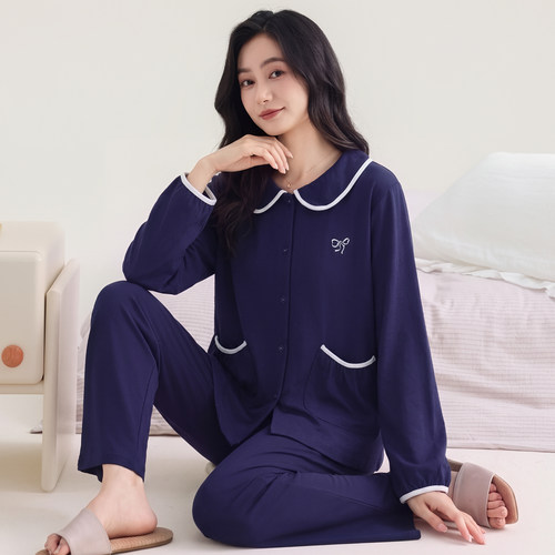 娃娃领开衫睡衣女套装棉亲肤