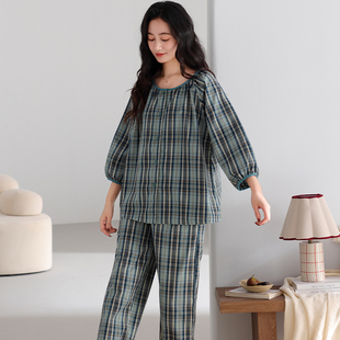 芬腾可安松弛感七分袖格子睡衣女春季薄款开衫式家居服套装