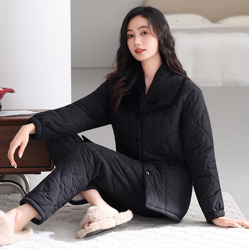 芬腾可安冬季羽绒棉夹棉睡衣女保暖加棉加绒三层家居服套装可外穿