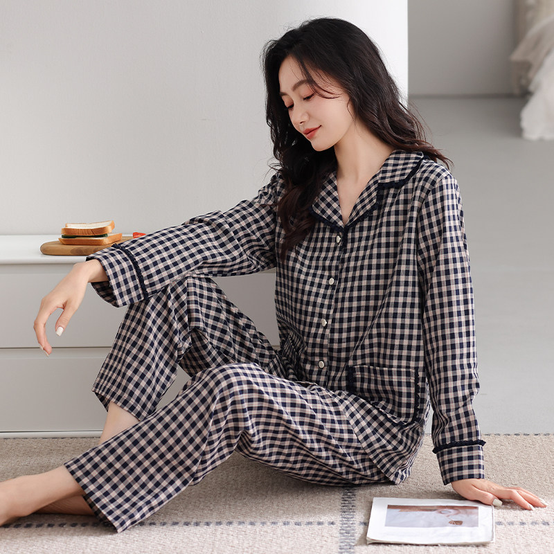 芬腾可安睡衣女春秋季梭织纯棉长袖2025新款格子家居服套装带胸垫