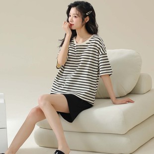带胸垫一体睡衣女夏季 短袖 纯棉亲肤薄款 家居服夏天全棉可外穿套装