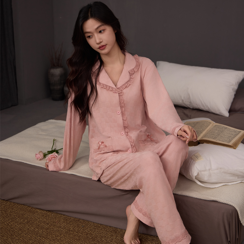 睡衣女春秋季纯棉长袖奢华开衫翻领家居服秋冬女士高级感纯色套装