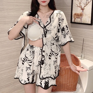 纯棉短袖 薄款 带胸垫睡衣女夏款 短裤 甜美可爱少女生夏季 家居服套装