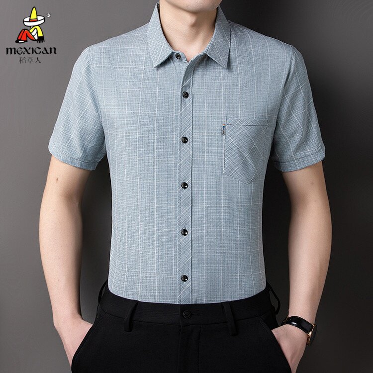 稻草人真口袋男士短袖棉麻衬衫中年爸爸商务休闲格子衬衣男