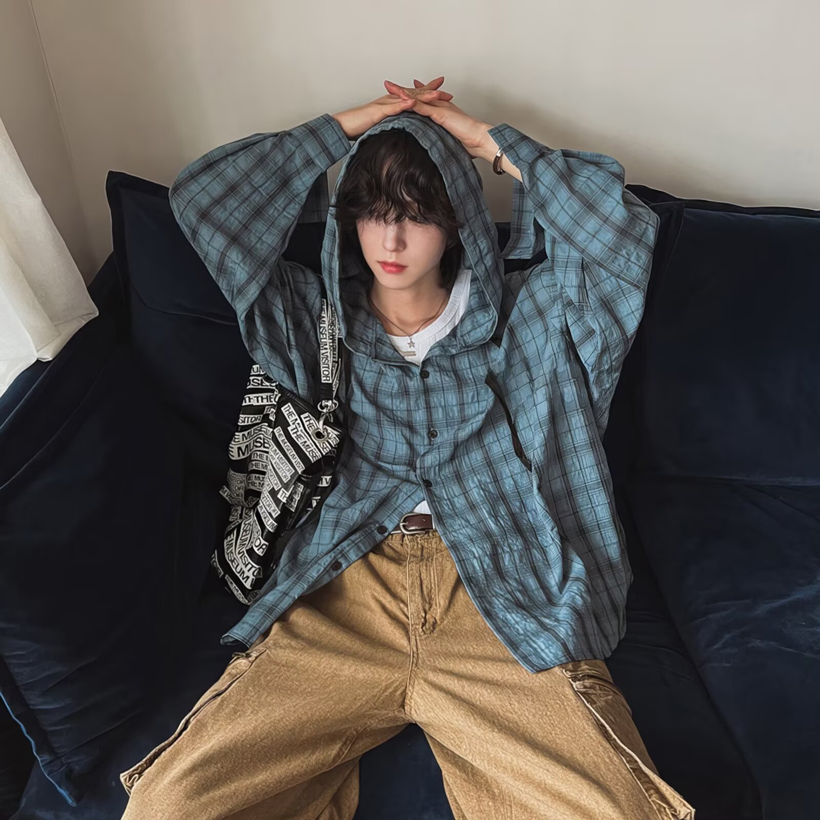 长袖连帽格子防晒衬衫男女春秋季复古美拉德休闲慵懒情侣衬衣