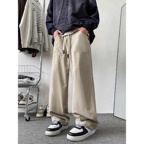 日系oversize卡其色裤子男春季美式复古工装裤高街痞帅机能冲锋裤