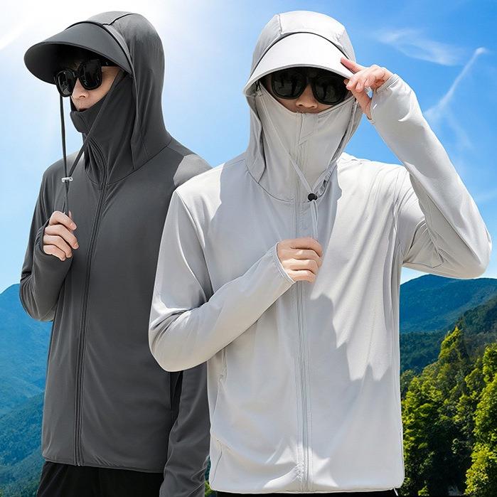 夏季透气百搭男士帽遮脸一体休闲舒适简约纯色通勤防晒衣开衫外套