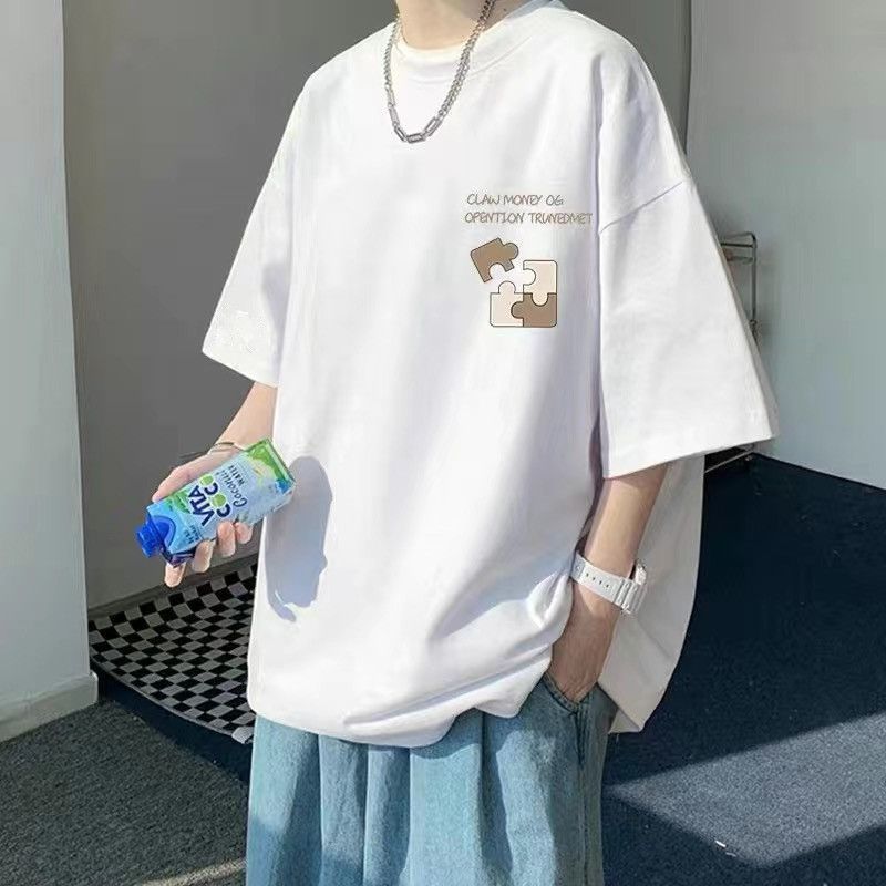 潮牌秋季男装短袖t恤衫男士纯棉圆领加肥加大码胖子宽松短袖藏蓝