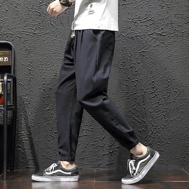 跨境 K801春季运动裤子男阔腿裤宽松休闲哈伦裤束脚亚麻九分裤男