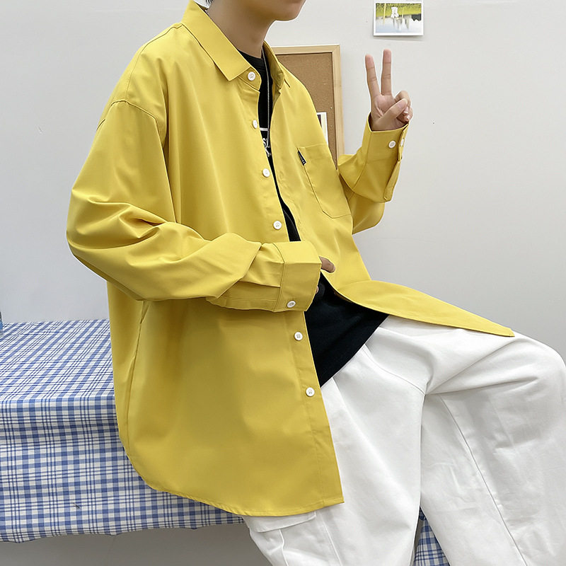 衬衫男学院风潮流秋季大码纯色长袖衬衣服休闲百搭宽松上衣外套