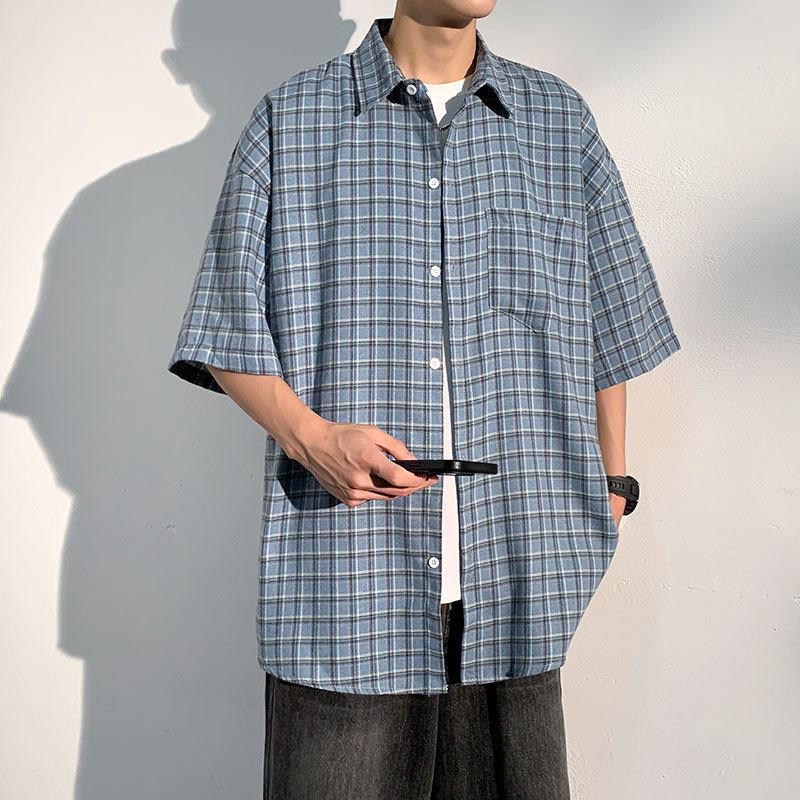 2026新款小格子短袖衬衫男士夏季休闲衬衣宽松小方格半袖上衣外套