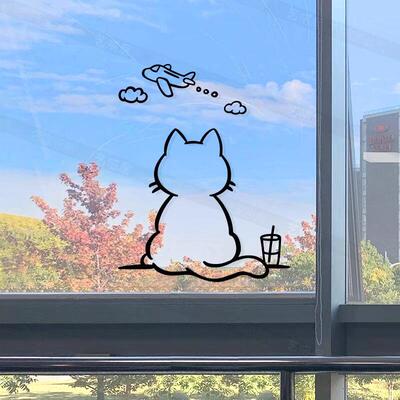 创意悠闲猫咪看飞机阳台玻璃墙贴