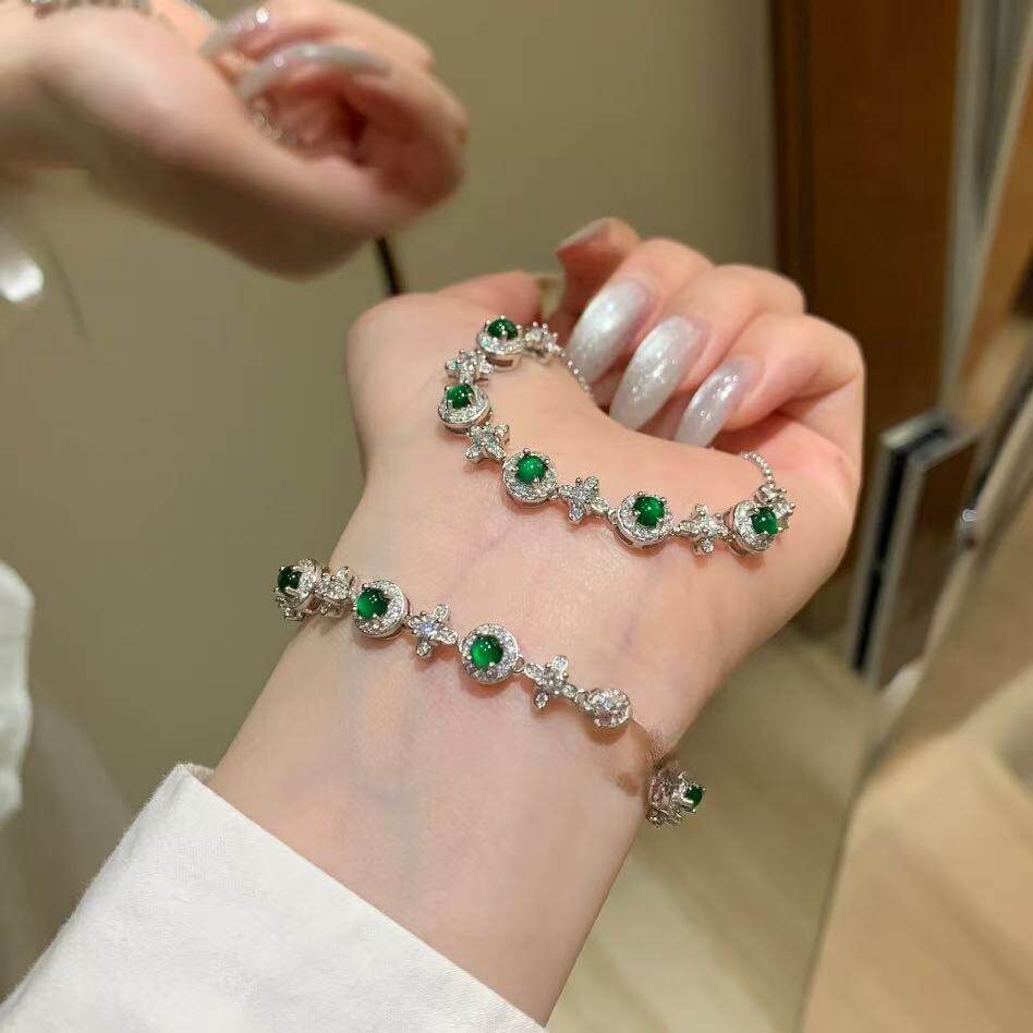 s925银天然阳绿翡翠手链小清新设计款精致