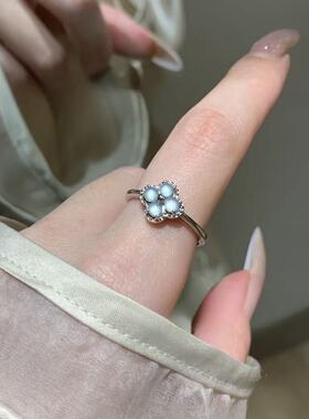 s925银天然蓝水翡翠四叶草戒指