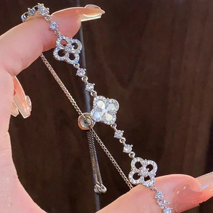 智能手环四叶草高版本五花手链幸运花玫金双面满钻白贝母V金材质