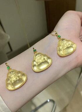 s925银金佛庇护天然水沫玉佛公吊坠弥勒佛项链女款镀金