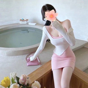 纯欲连衣裙女斜领路肩长袖t恤上衣女+吊带包臀裙撞色两件套辣妹裙