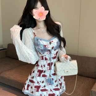 蕾丝拼接吊带连衣裙夏季 小裙子女 纯欲性感抹胸包臀裙防晒开衫 套装