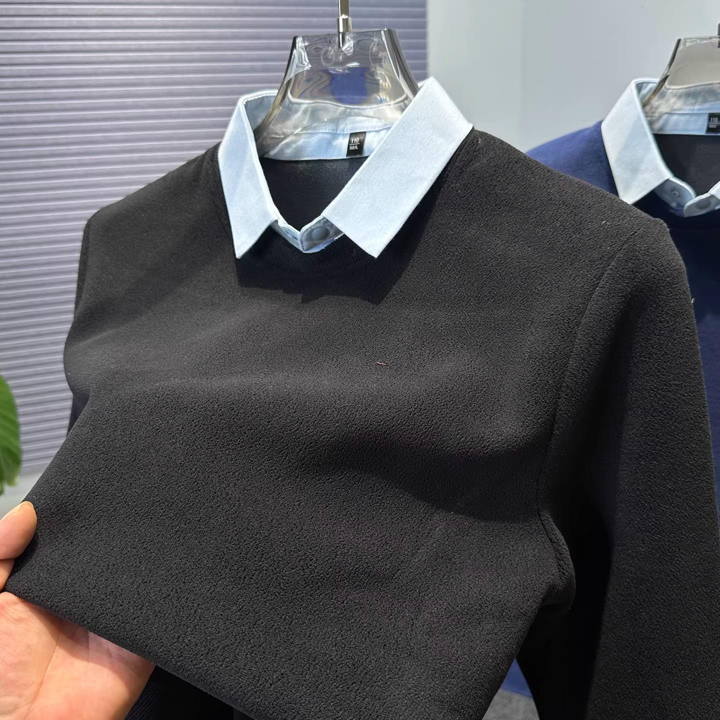 双面加厚奥粒绒卫衣男秋冬2025新款宽松百搭假两件衬衫领打底衫男