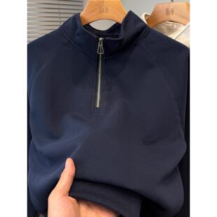 拉炼半高领卫衣男款秋季纯色百搭t恤男装中领套头上衣服宽松青年