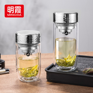 明霞玻璃杯锤纹盖鹅蛋杯加厚双层隔热防烫茶杯办公室家用车载水杯
