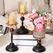 法式 高级感中古风轻奢黑色金属玻璃烛台客厅餐桌浪漫复古装 饰摆件