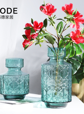 美式湖蓝色浮雕玻璃花瓶复古创意客厅餐桌北欧软装装饰水培插花器