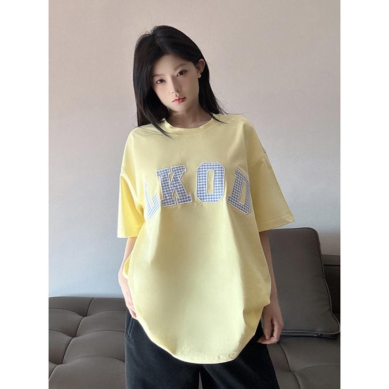 LKSTORE LKOD2025春夏新款潮牌格子贴布字母圆领打底衫teeT恤短袖