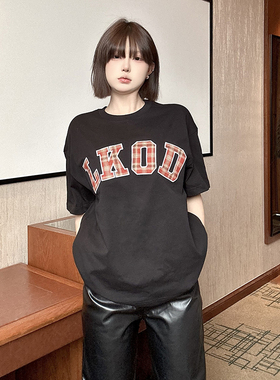 LKSTORE LKOD2024春夏新款格子字母圆领T恤潮牌男女同款短袖打底