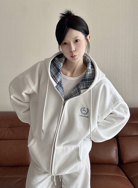 LKSTORE LKOD2024秋冬新款格子拼接刺绣卫衣男女同款帽衫格子外套