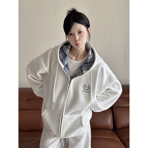 LKOD新款格子拼接情侣拉链帽衫