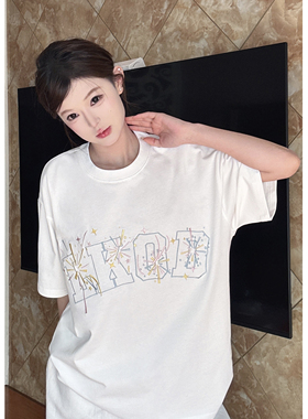 LKSTORE LKOD2025夏季新款刺绣烟花字母圆领宽松潮牌情侣短袖T恤