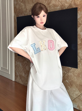 LK STORE LKOD2025新款碎花格子贴布潮牌撞色字母圆领T恤短袖宽松