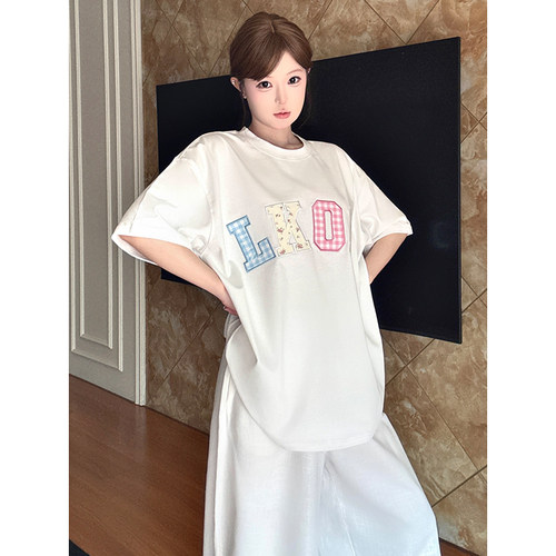 碎花格子贴布潮牌撞色字母短袖