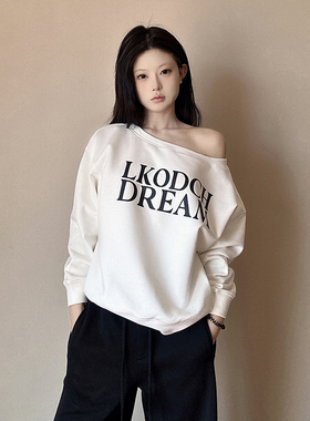 LKSTORE LKOD2024秋冬新款斜肩卫衣印花字母款女装休闲打底衫长袖