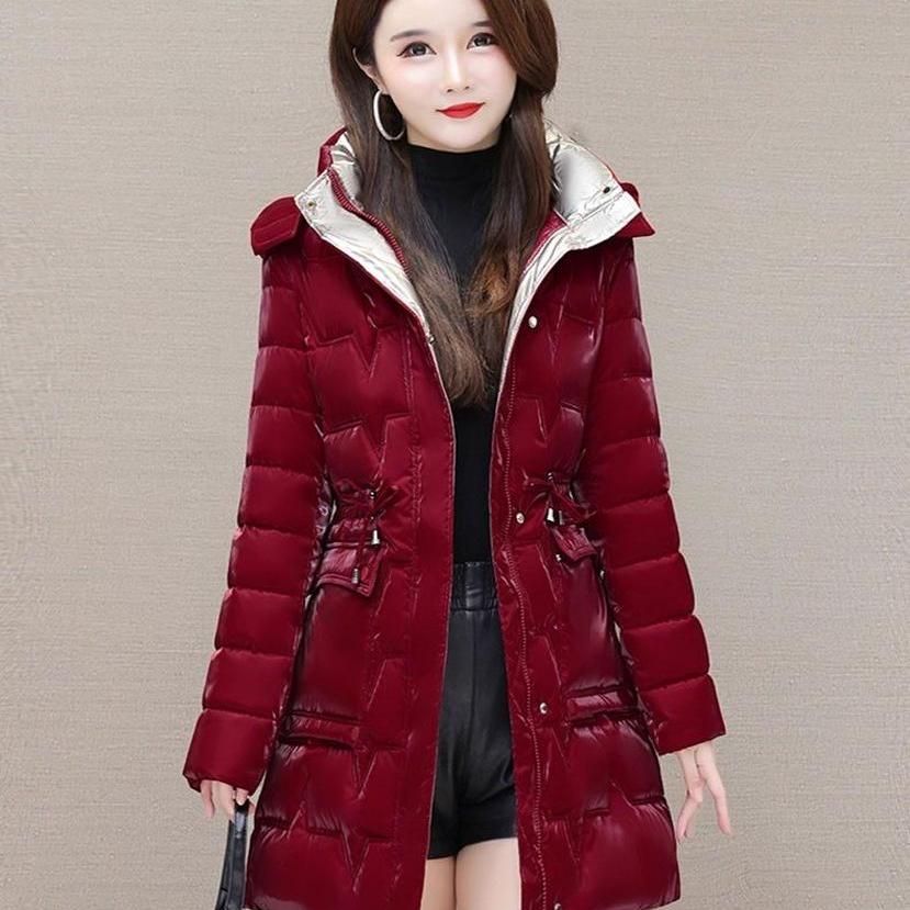 棉服女中长款冬季新款炫彩免洗亮面加厚修身时尚棉衣妈妈保暖棉袄
