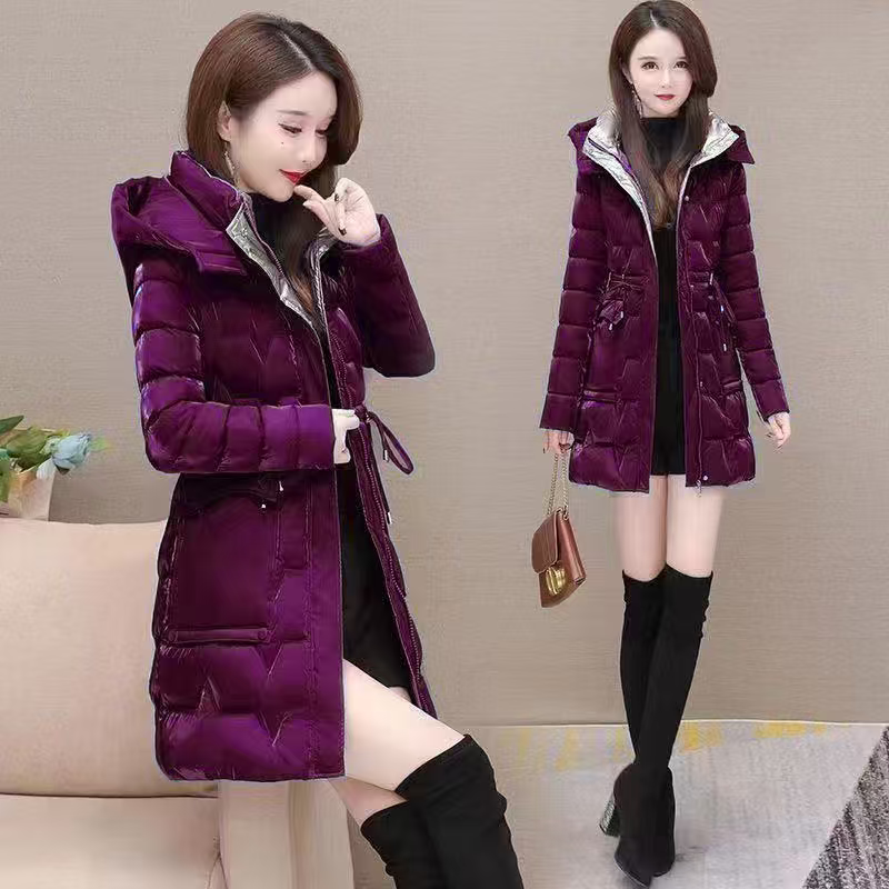 炫彩亮面免洗中长款棉衣女冬季新款加厚时尚修身洋气棉服保暖棉袄