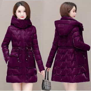 冬季 时尚 新款 修身 棉袄外套 珠光亮面羽绒棉服加厚韩版 棉衣女中长款