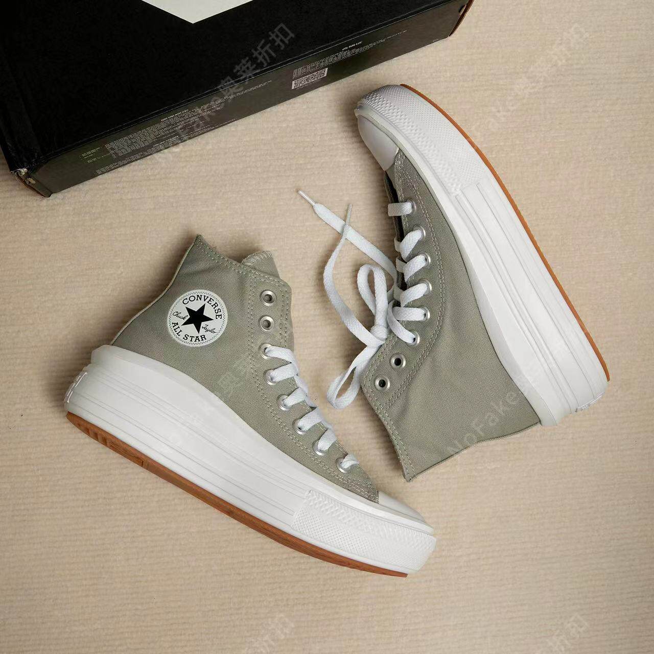 正品匡威all star move浅灰绿色高帮帆布鞋云朵厚底增高鞋A00562C