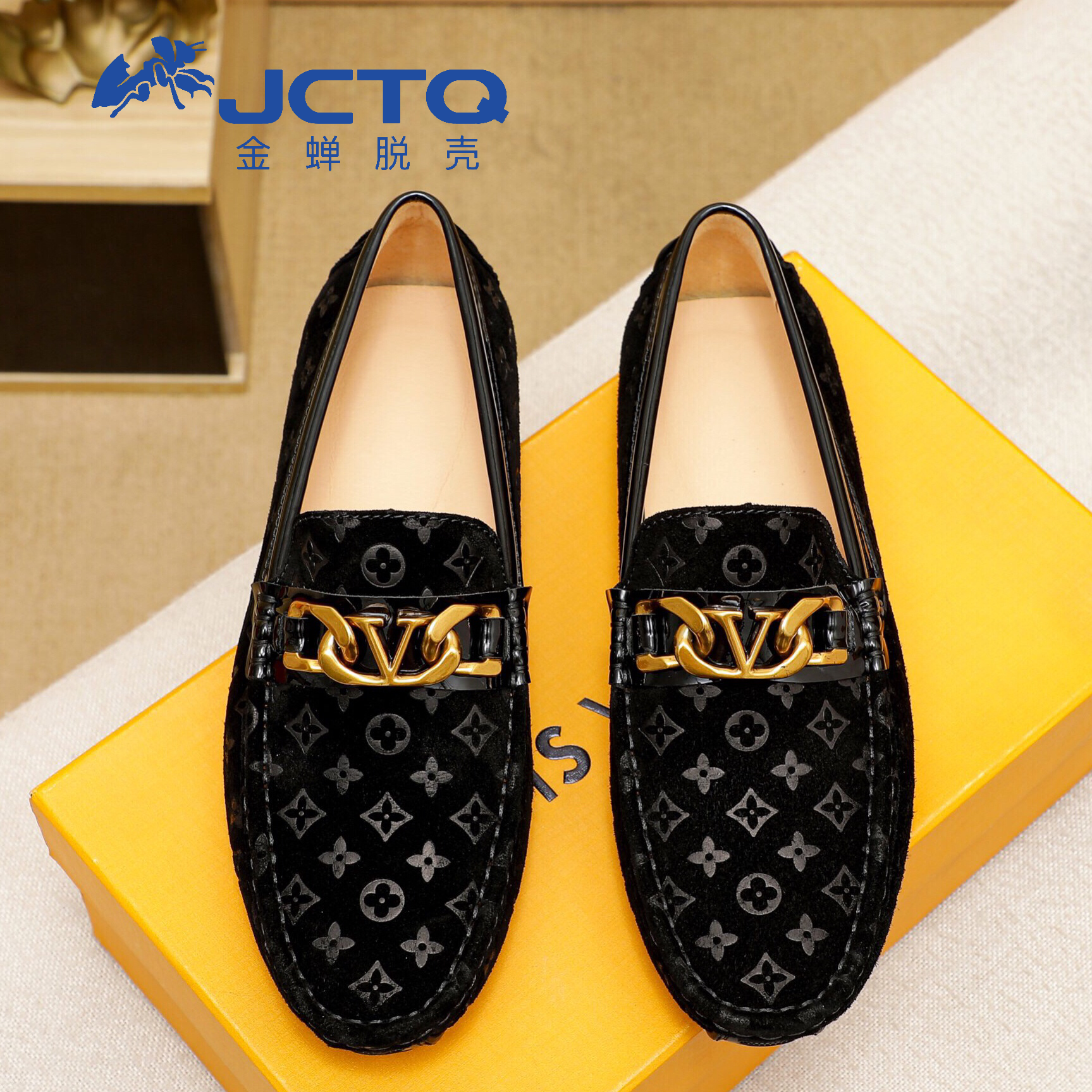 JCTQ春秋高端磨砂皮压花反绒翻毛男士豆豆鞋一脚蹬真皮休闲驾车鞋