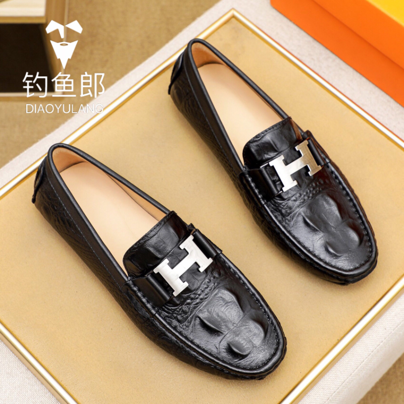 钓鱼郎经典H扣鳄鱼纹牛皮豆豆鞋