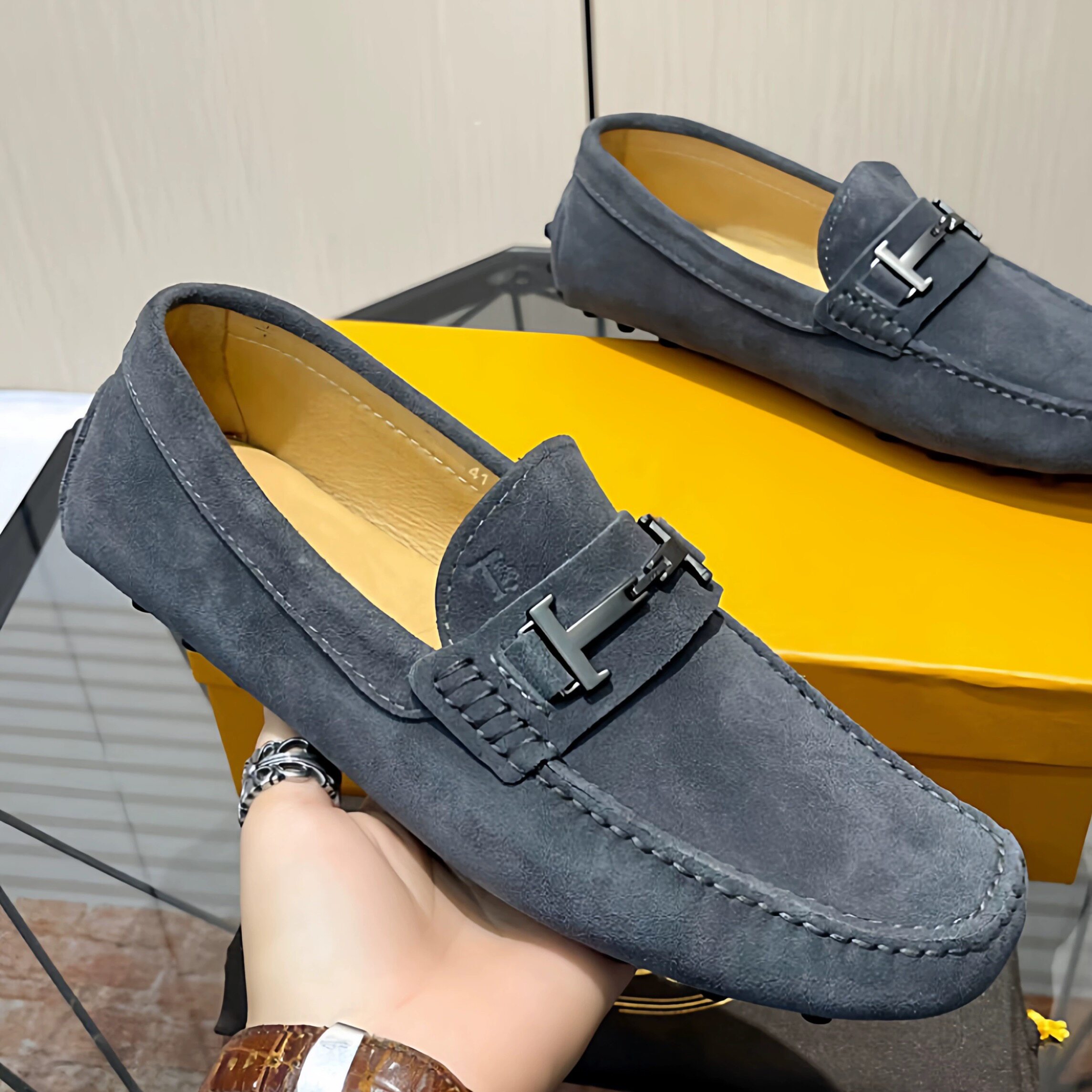 JCTQ奢侈品新款真皮豆豆鞋男懒人T扣英伦风一脚蹬休闲百搭驾车鞋