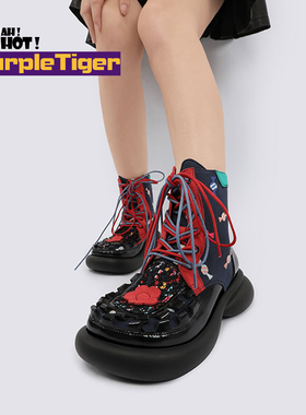 Yeah Hot原创潮酷百搭中筒靴厚底马丁靴少女设计感系带拼色短靴